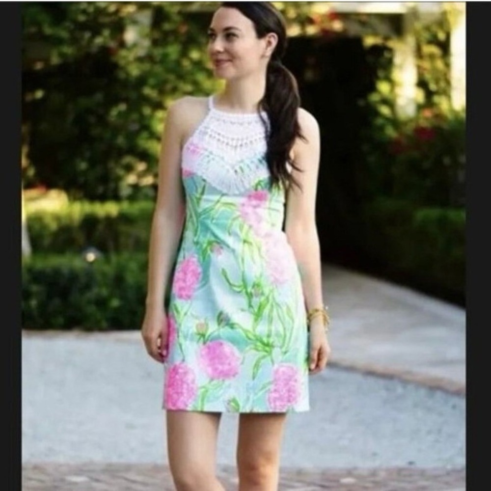 Lilly Pulitzer Get Trunky Shift Dress Pink Blue Floral‎ Crochet Lace Bib Size 2